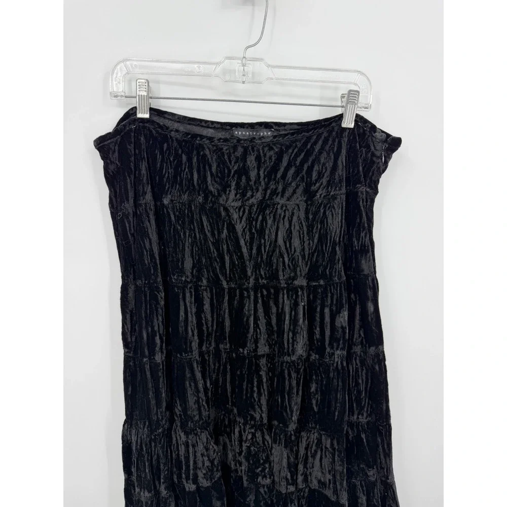 Apostrophe Crushed Velvet Tiered Skirt Womens‎ XL Black Midi Boho Whimsigoth